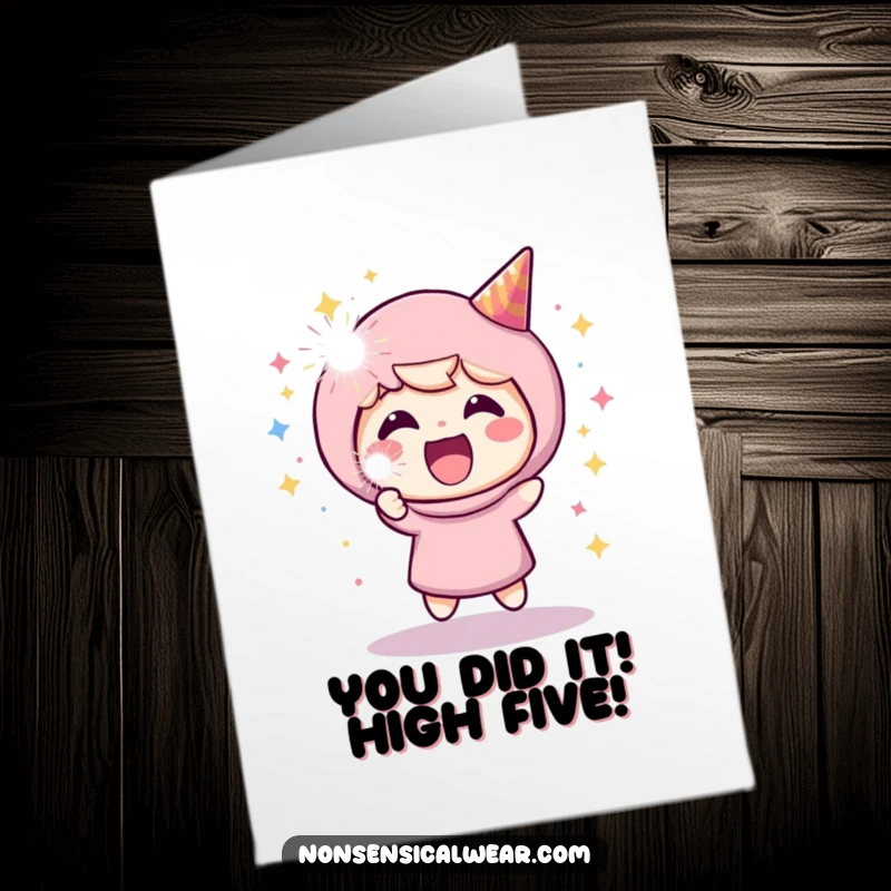 Funny Free Printable Congratulations Card: A character joyfully launches a sparkling party popper, signifying a fantastic achievement.