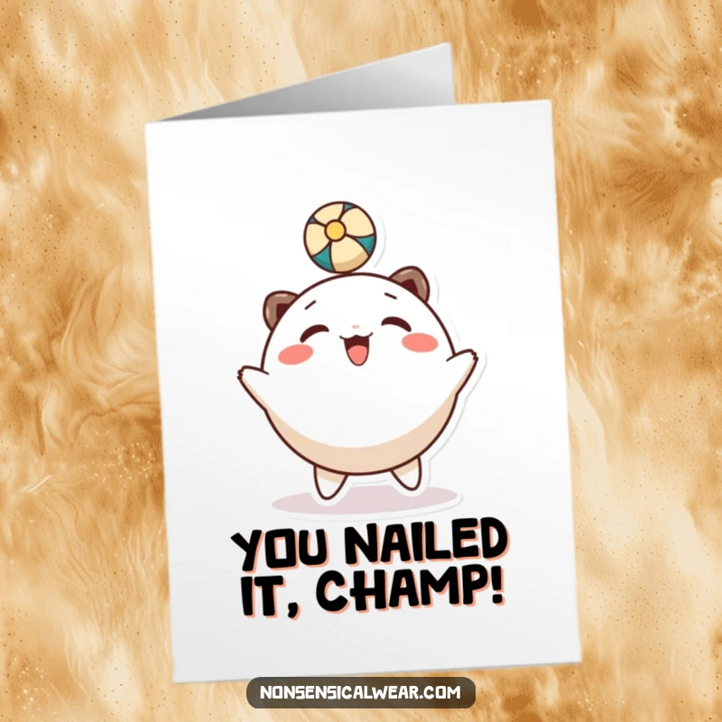 Funny Free Printable Congrats Card: Character gleefully bounces a ball on its head, celebrating a victory.