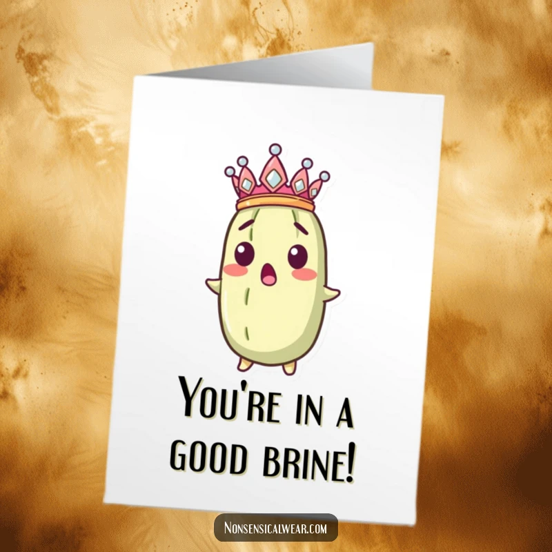 Funny Free Printable Congrats Card: Surprised pickle wearing a tiny crown askew, looking amazed.