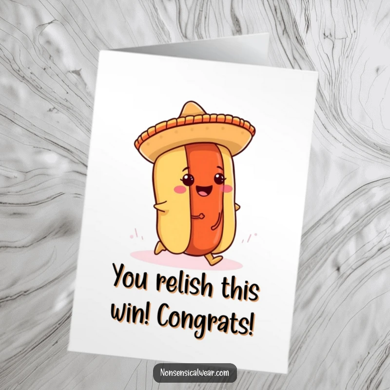 Funny Free Printable Congrats Card: Cheerful hot dog with a sombrero comically tripping over its bun, a funny congrats.