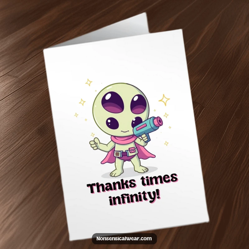 Funny Free Printable Thank You Card: A cute kawaii alien shoots a sparkle ray gun, conveying thanks with stellar charm.