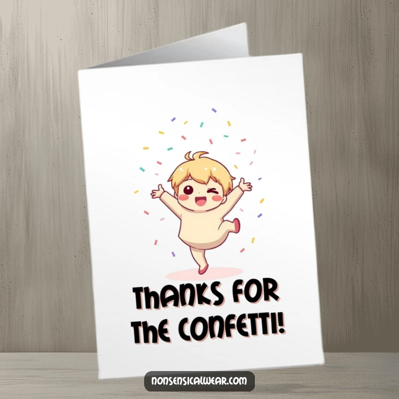 Funny Free Printable Thank You Card: A Kawaii character does a cartwheel, showering confetti in gratitude.