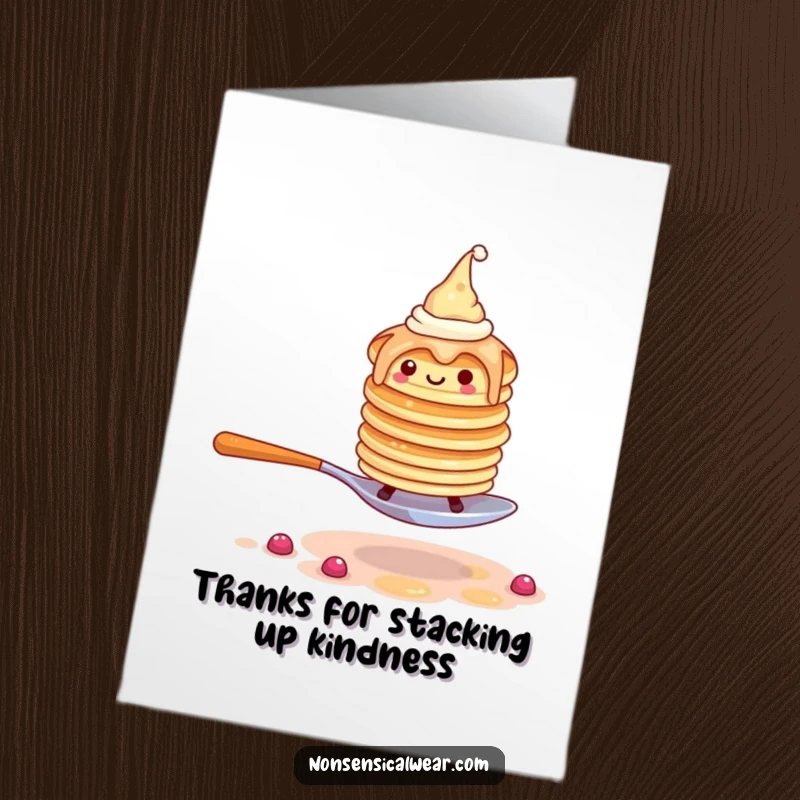 Funny Free Printable Thank You Card: Wobbly pancakes wearing hats humorously walking on a spoon to express thanks.