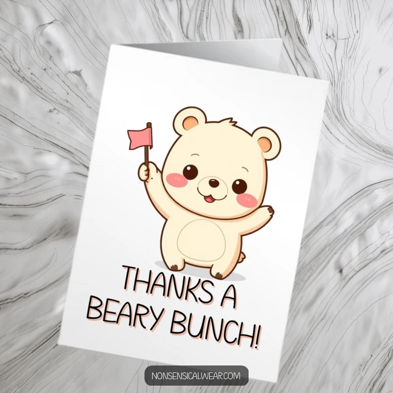 Funny Free Printable Thank You Card featuring a cute kawaii bear with a cheerful grin waving a tiny flag of thanks.