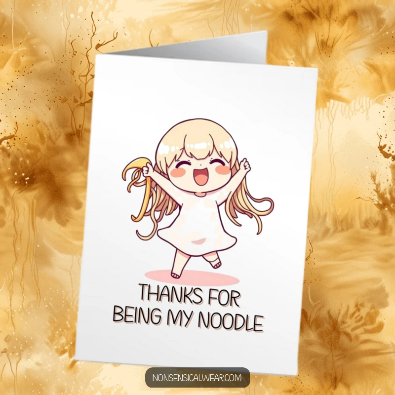 Funny Free Printable Thank You Card: Delighted character wiggles with a giant noodle, expressing thanks.