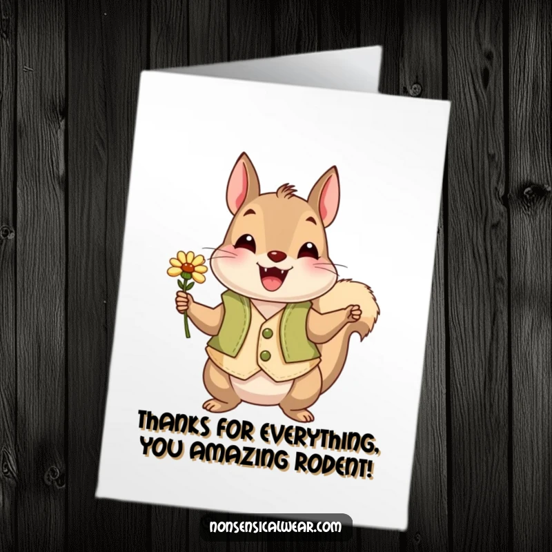 Funny Free Printable Thank You Card: A delighted squirrel in a smart vest offers a tiny flower as a thank you.