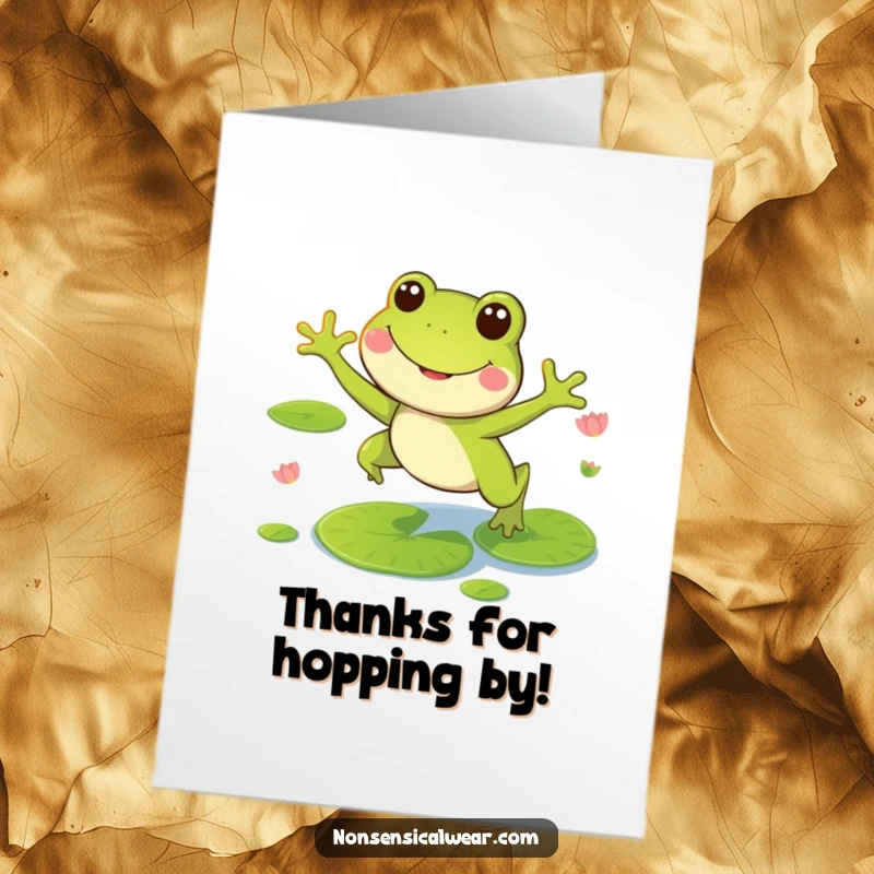 Funny Free Printable Frog Thank You Card: Smiling frog mid-leap over lily pads, conveying playful and sincere gratitude.