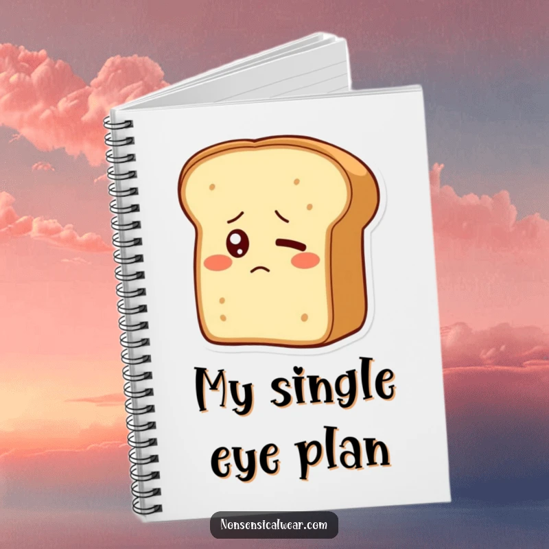 Funny notebook cover with a bewildered bread loaf character, one eye blinking shyly, perfect for jotting down thoughts humorously.