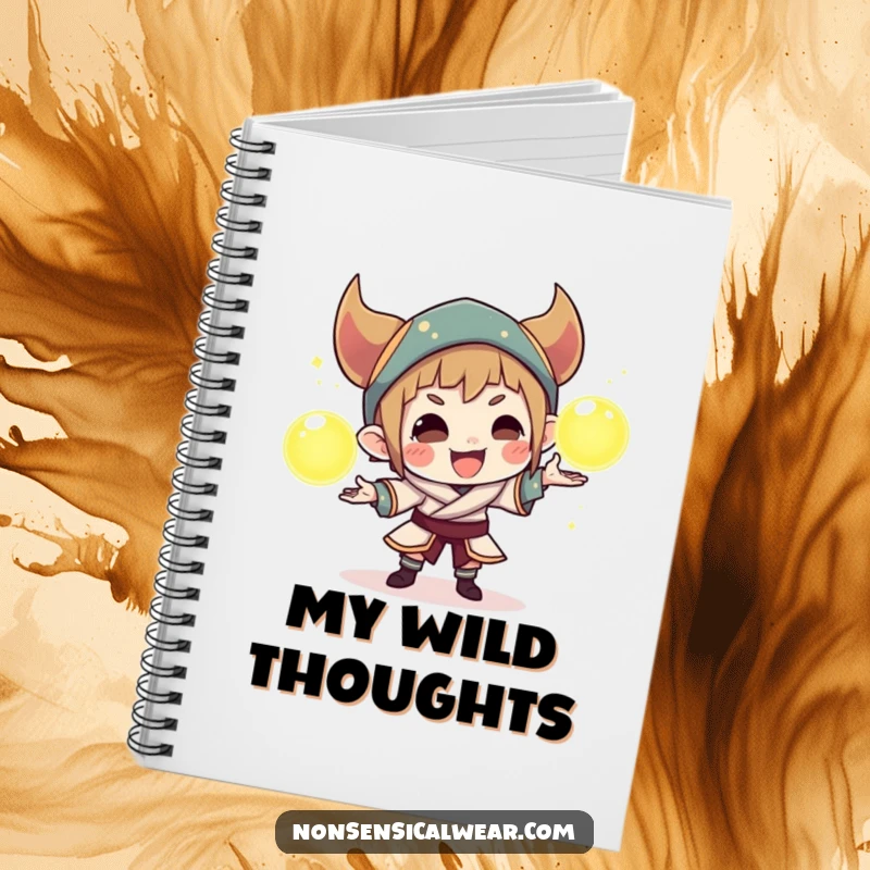Funny notebook cover featuring a cunning character juggling three radiant orbs, ideal for jotting down ideas with a touch of magic.
