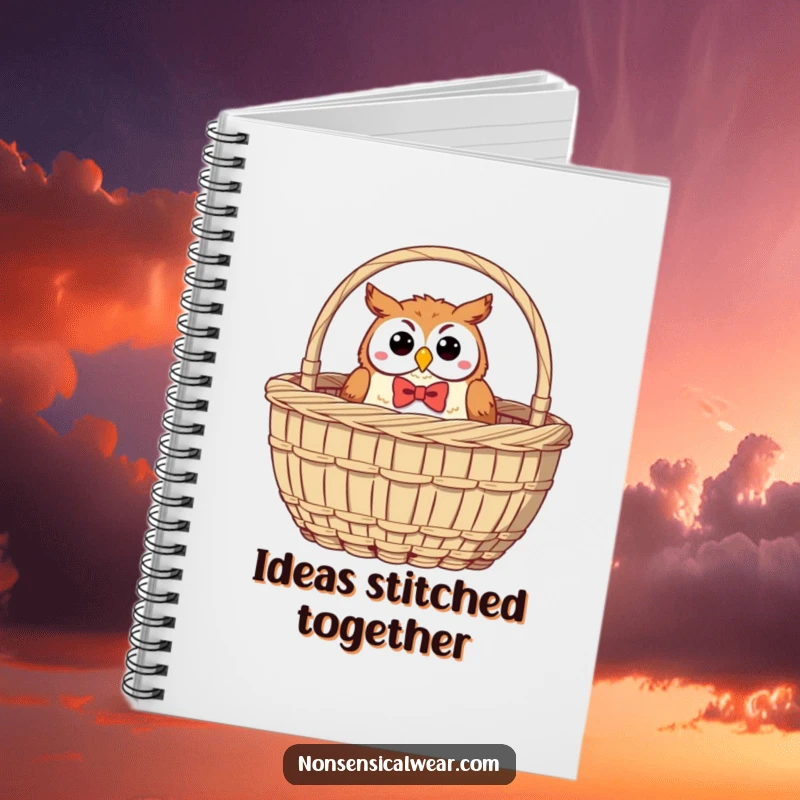 Funny Owl Notebook: A charming owl with a bow tie peeks from a sewing basket, ideal for jotting down creative thoughts.