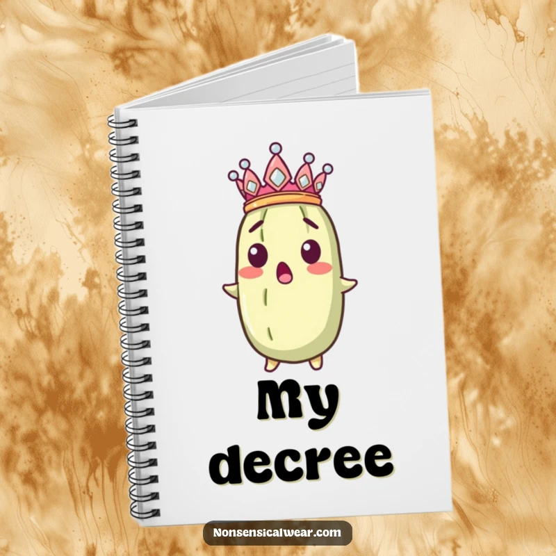 Funny surprised pickle wearing a crown, featured on a humorous notebook cover.