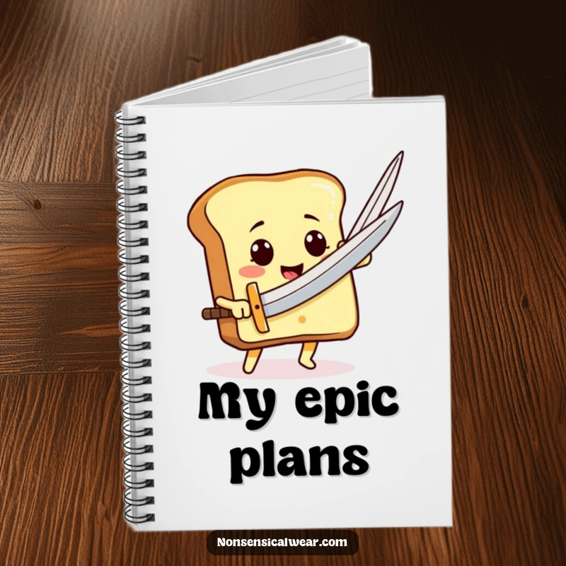 Funny smiling toast character wielding a giant needle like a sword on the cover of a notebook, inspiring bold writing.