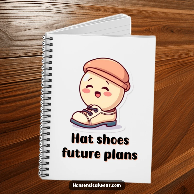 Funny notebook cover with a giggling button character attempting to wear a small hat as shoes, perfect for journaling joyfully.