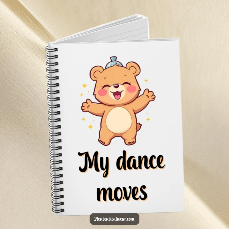 Funny notebook cover with a cheerful bear character gleefully dancing with a disco ball, designed to inspire creativity and fun ideas.