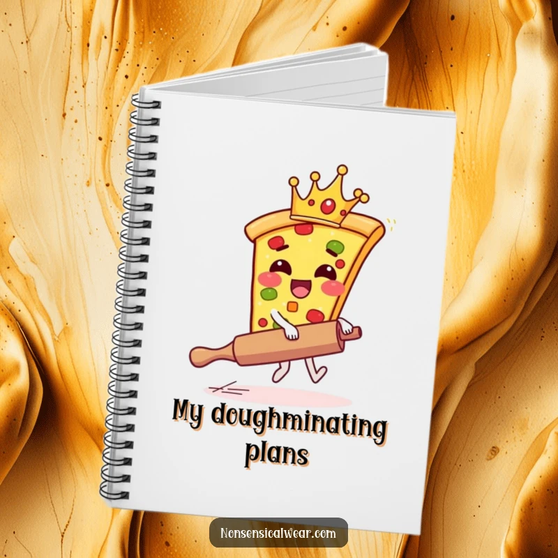 Funny pizza notebook cover with a giggling pizza slice wearing a crown, riding a runaway rolling pin.