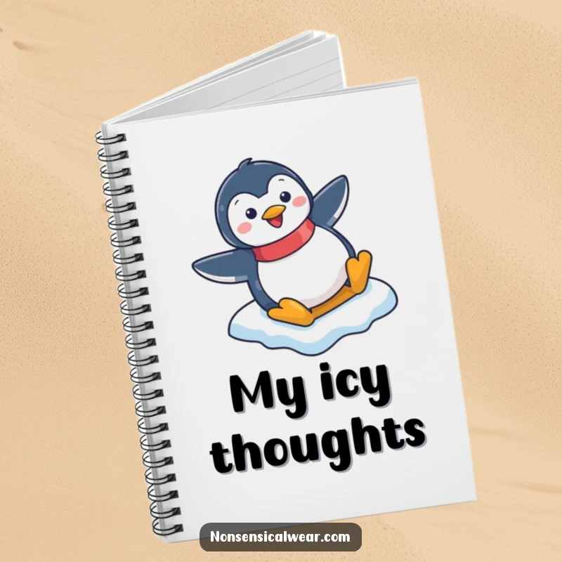 Funny notebook cover with a happy penguin character sliding down an icy slope, inspiring fun notes.