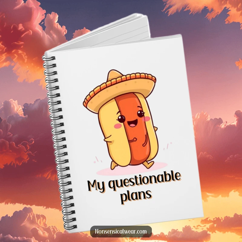 Funny hot dog notebook cover with a cheerful hot dog wearing a mini sombrero tripping over its bun.