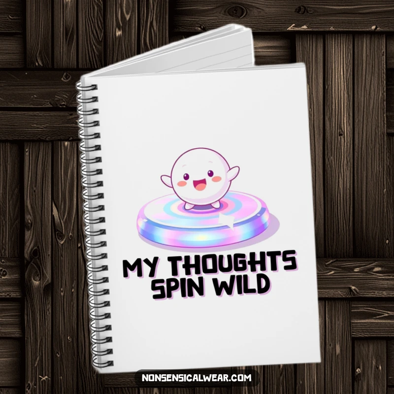 Funny Notebook: A playful, spherical character gleefully spinning on a vibrant, iridescent platform, perfect for capturing ideas.