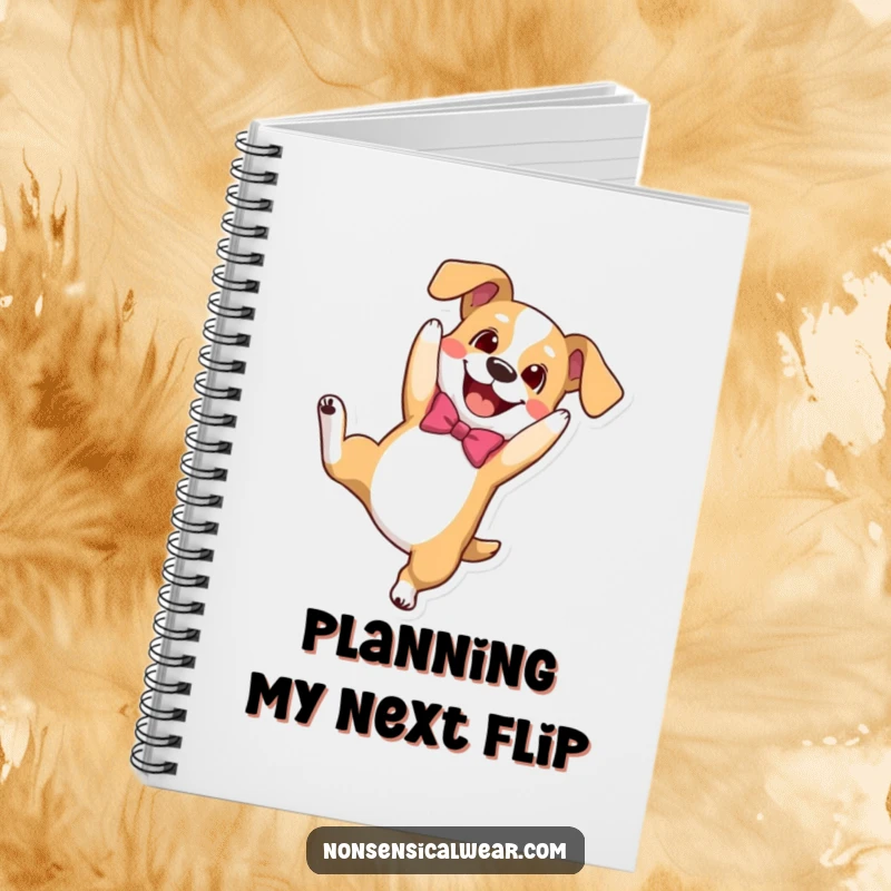 Funny notebook cover featuring a happy dog doing a playful somersault, inspiring energetic thoughts and ideas.