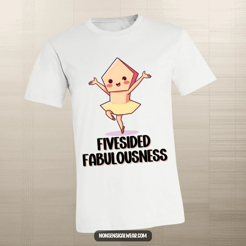 Funny t-shirt with a vibrant pentagon character in a graceful pirouette, radiating elegance and artistic flair.