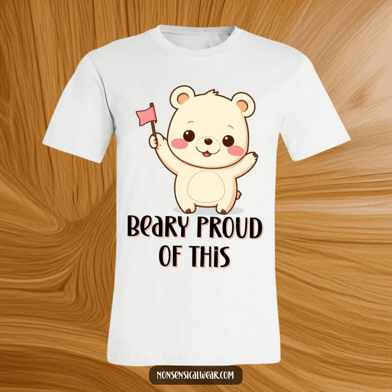 Funny Kawaii Bear T-Shirt: A joyful bear cheerfully waves a small flag, embodying pure happiness and playful fun.