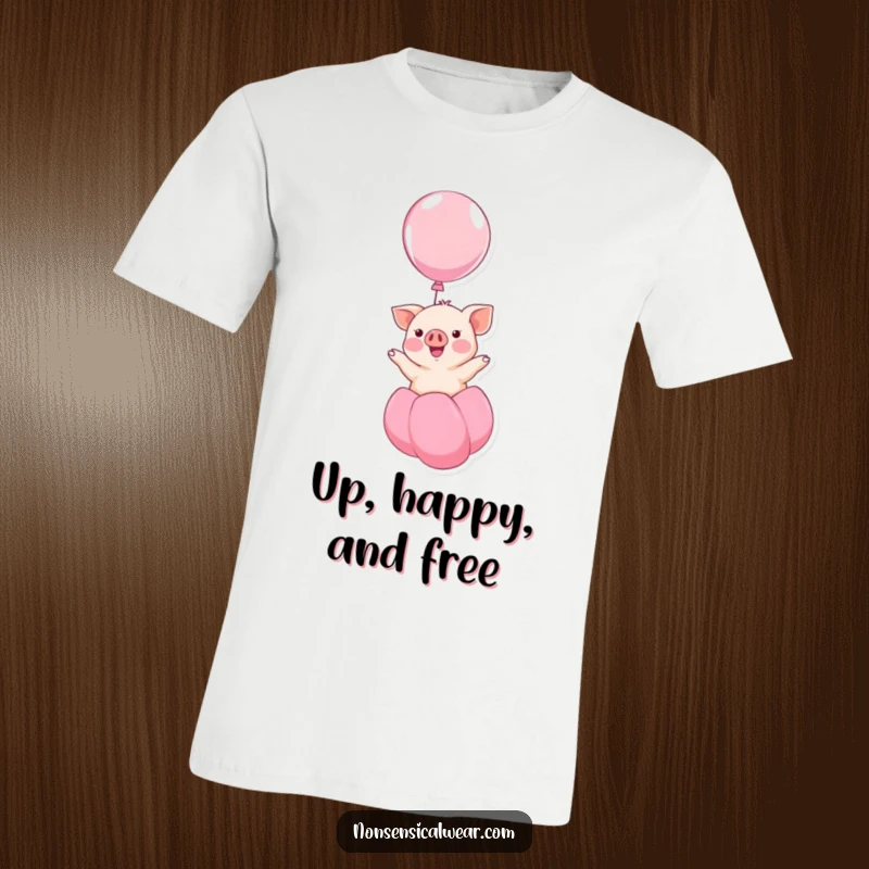 Funny kawaii piglet smiling as it floats up on a balloon, a cheerful and humorous design on this t-shirt, great for gifting.