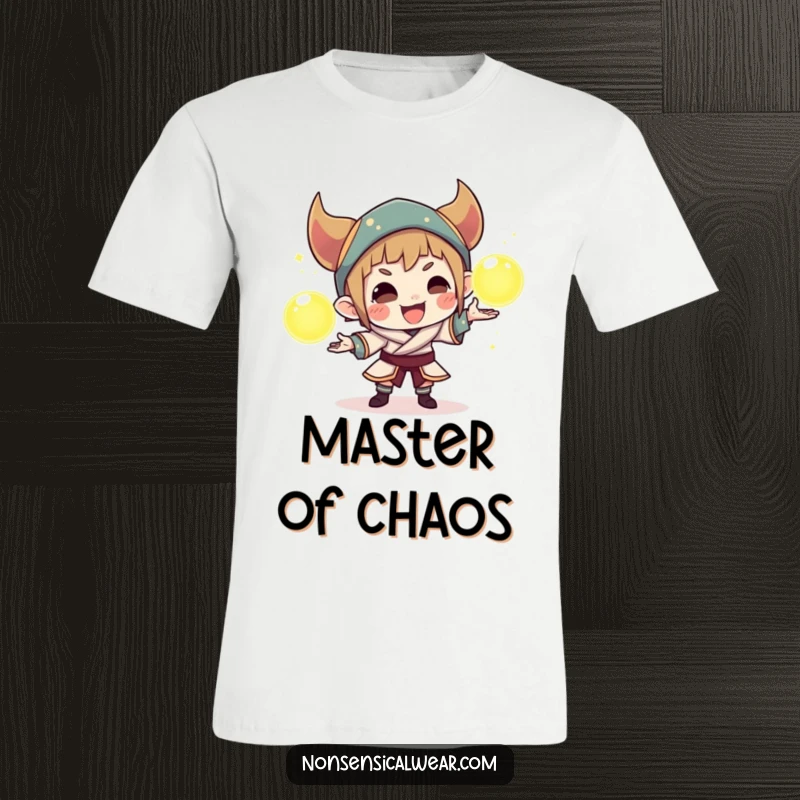 Funny t-shirt displaying a cunning character expertly juggling three brightly glowing orbs, hinting at magical abilities and playful mischief.