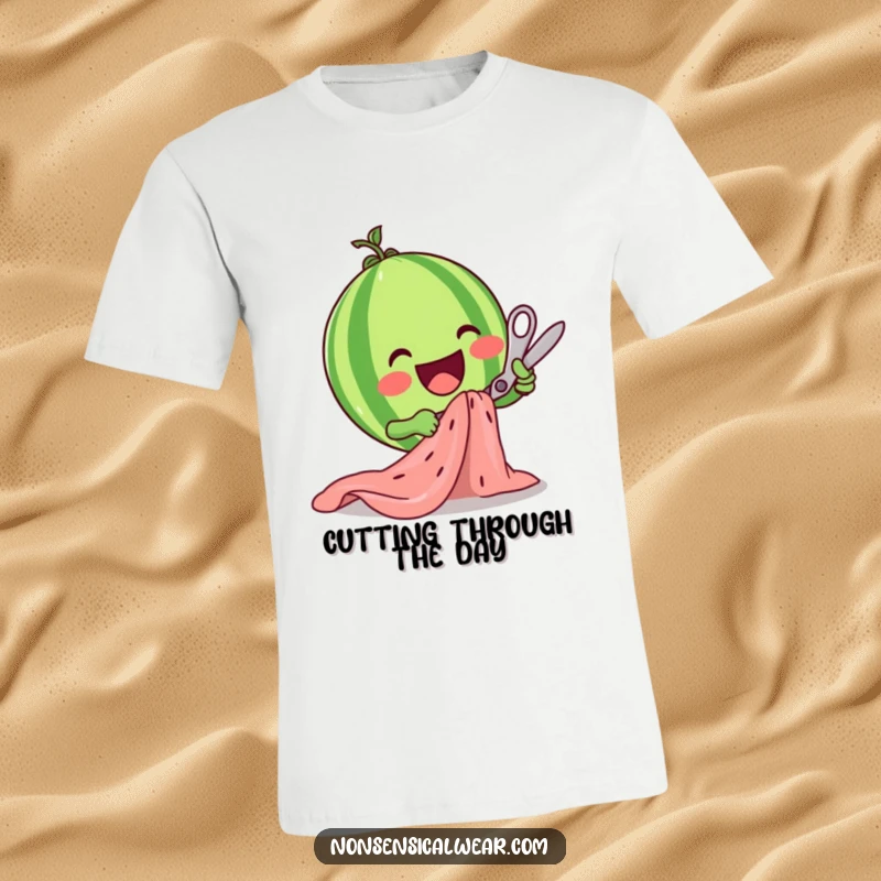 Funny delighted watermelon character enthusiastically snipping fabric with scissors, printed on a fun t-shirt.