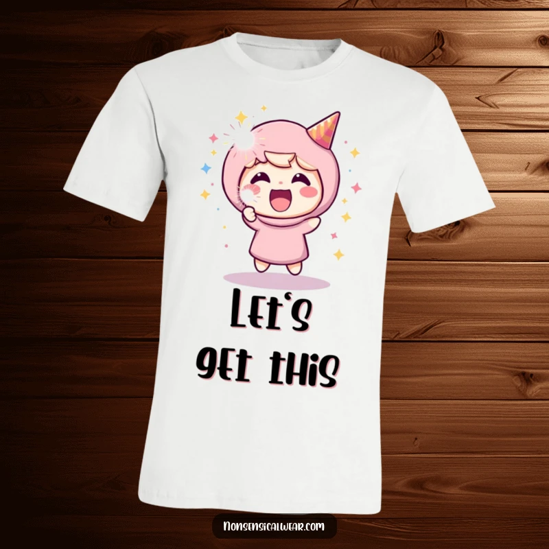 Funny t-shirt featuring an ecstatic character with a party popper exploding in a shower of confetti, embodying sheer happiness.