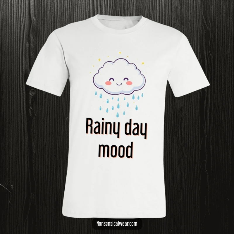 Funny t-shirt with a cute, grinning cloud character gently showering sparkling raindrops, radiating positivity and lighthearted fun.