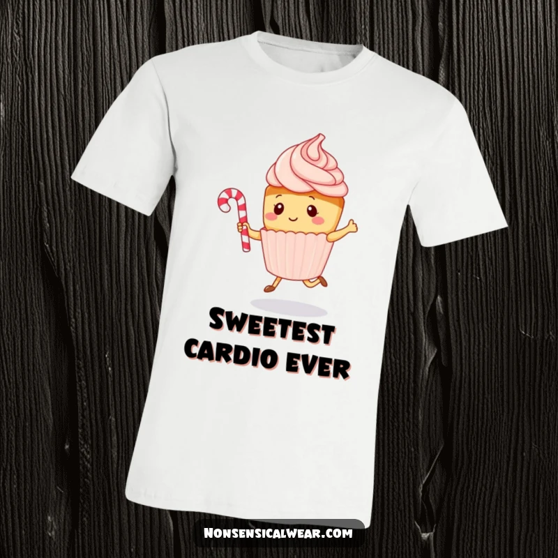 Funny kawaii cupcake character enthusiastically jumping rope with a candy cane, printed on a comfortable t-shirt, a humorous wearable treat.