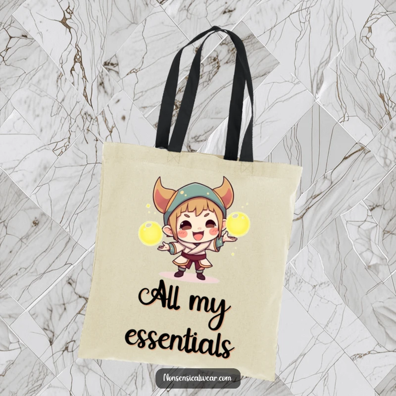 Funny tote bag featuring a cunning character juggling three glowing orbs, perfect for carrying essentials with a magical, mischievous touch.