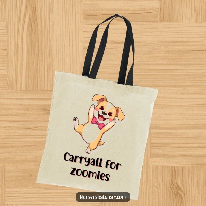 Funny tote bag showcasing a happy dog in a bowtie doing a playful somersault, perfect for carrying essentials with cheer.