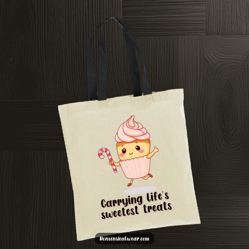 Funny kawaii cupcake character gleefully jumping rope with a candy cane, illustrated on a durable tote bag, a hilarious and practical item.