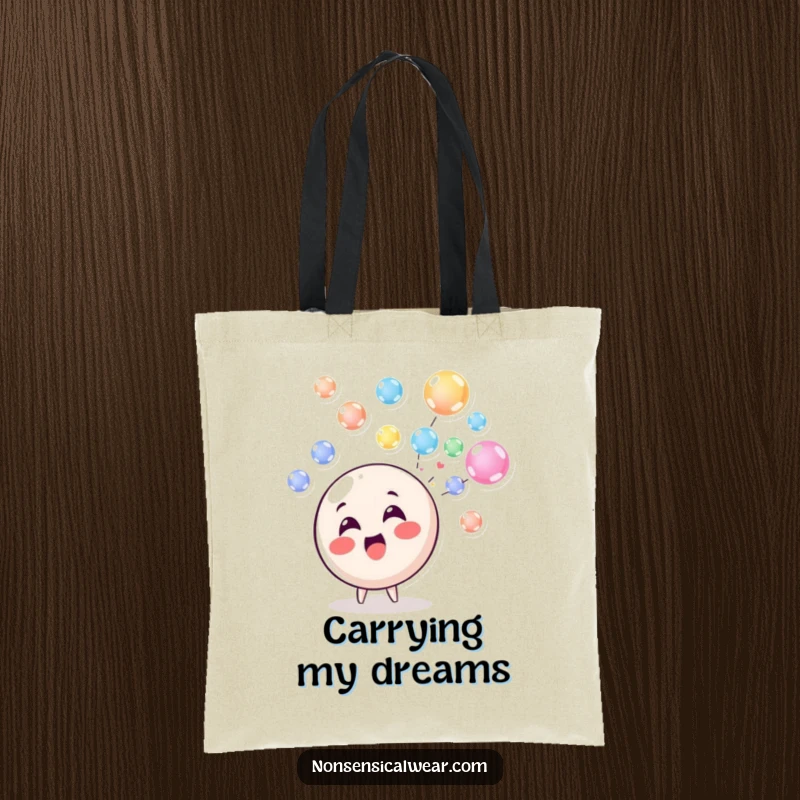 Funny Tote Bag: A delighted circle character enthusiastically blowing a stream of colorful, floating bubbles, great for shopping.