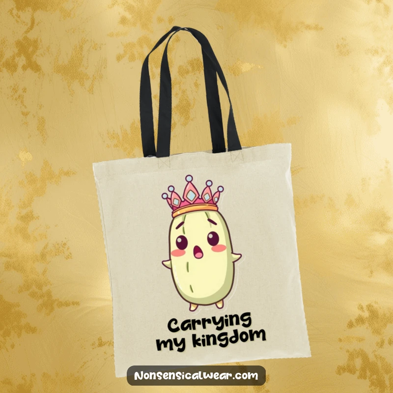 Funny surprised pickle wearing a tiny crown sideways, printed on a durable tote bag.
