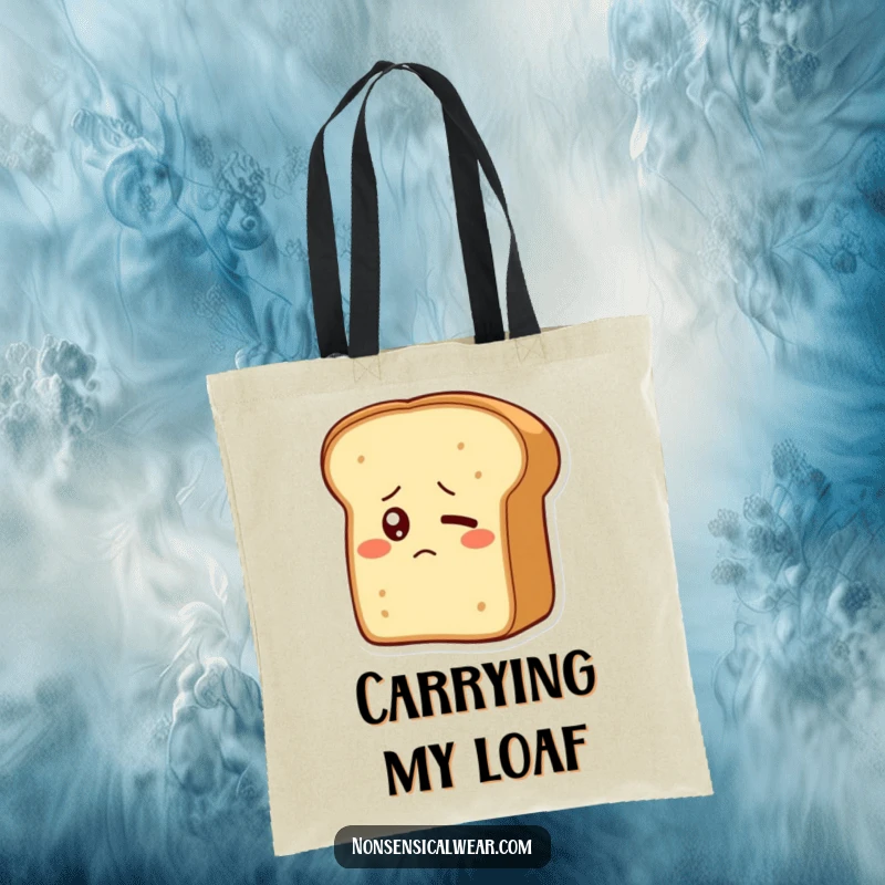 Funny tote bag with a bewildered bread loaf character, single shy eye blinking, a charming and humorous accessory.