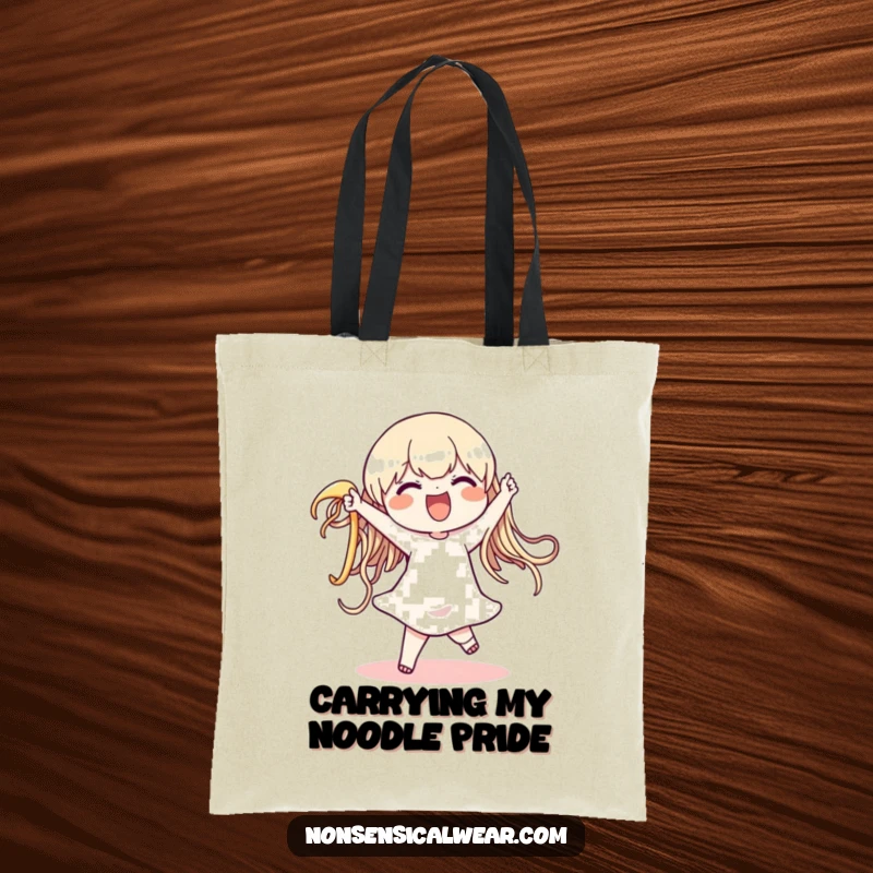 Funny tote bag with a cheerful character enthusiastically dancing with a giant, wiggly noodle, perfect for groceries or books, a useful funny gift.