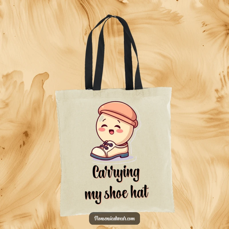 Funny tote bag displaying a giggling button wearing a small hat as shoes, a whimsical and humorous accessory.