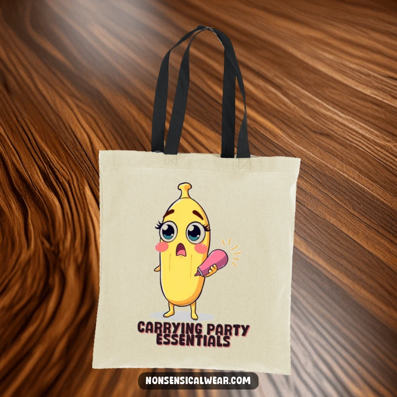 Funny surprised banana character with wide eyes holding a party popper on a durable tote bag, a hilarious and practical item.