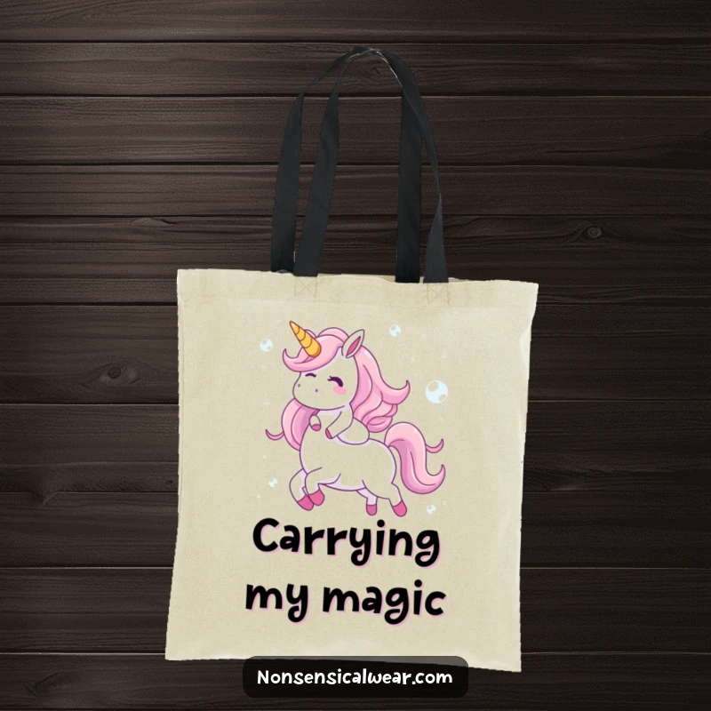 Funny tote bag showcasing a giggling character riding a unicorn made of shimmering bubbles, perfect for carrying items with a magical and lighthearted touch.