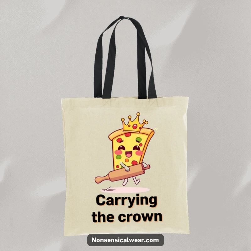 Funny pizza tote bag illustration of a giggling pizza slice wearing a crown, riding a runaway rolling pin.