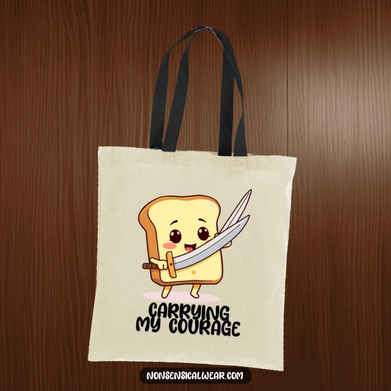 Funny smiling toast character wielding a large needle like a sword on a durable tote bag, perfect for brave errands.